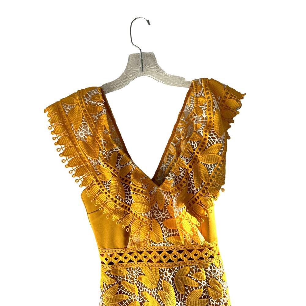 Aijek Yellow Marianna Eyelet Party Lace Embroidered Ruffle Mini Dress Size 2 - Picture 3 of 11